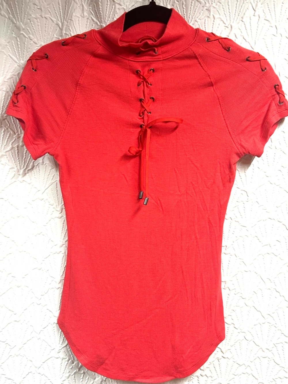 Free People All Tied Up Ribbed Top in a Coral/Red